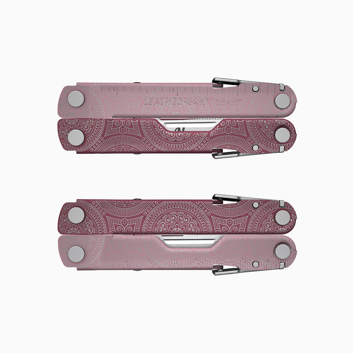 A cranberry-colored Leatherman Rebar multitool with intricate mandala-style engravings. The knife blade is personalized with a placeholder for “Name.”
