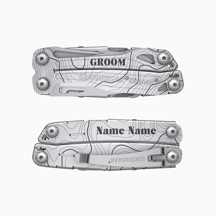 A stainless steel Leatherman Wingman multitool engraved with topographic map lines. One handle side features the word “GROOM,” while the other is personalized with “Name Name.”